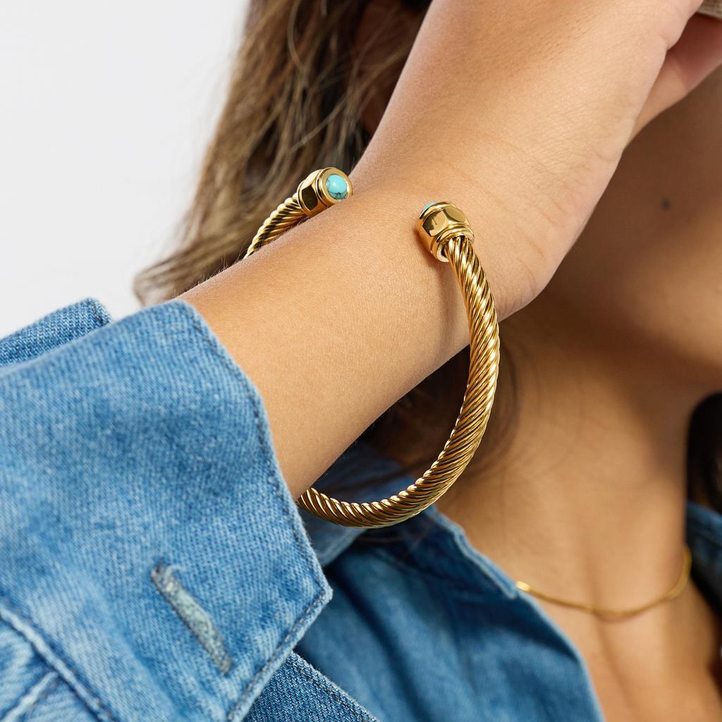Uworld Simple Classic Gold Color Plated Stainless Steel Natural Stone Blue Turquoise Ribbed Bracelet Stackable Peacock Stone
