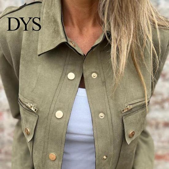 Women Jacket Autumn Spring Coat Flap Pocket Zipper Decor Turn-down Collar Long Sleeves Outerwear Single-breasted Buttons Cargo Style Daily Wear