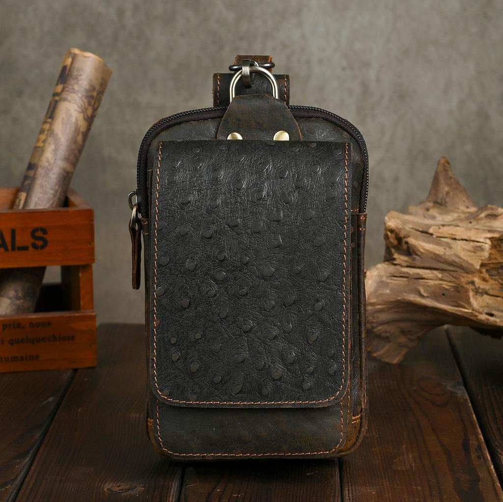 Men Top Layer Crazy Horse Leather Small Waist Bag With Hook 6 Inch Outdoor Phone Storage Pouch belt bag