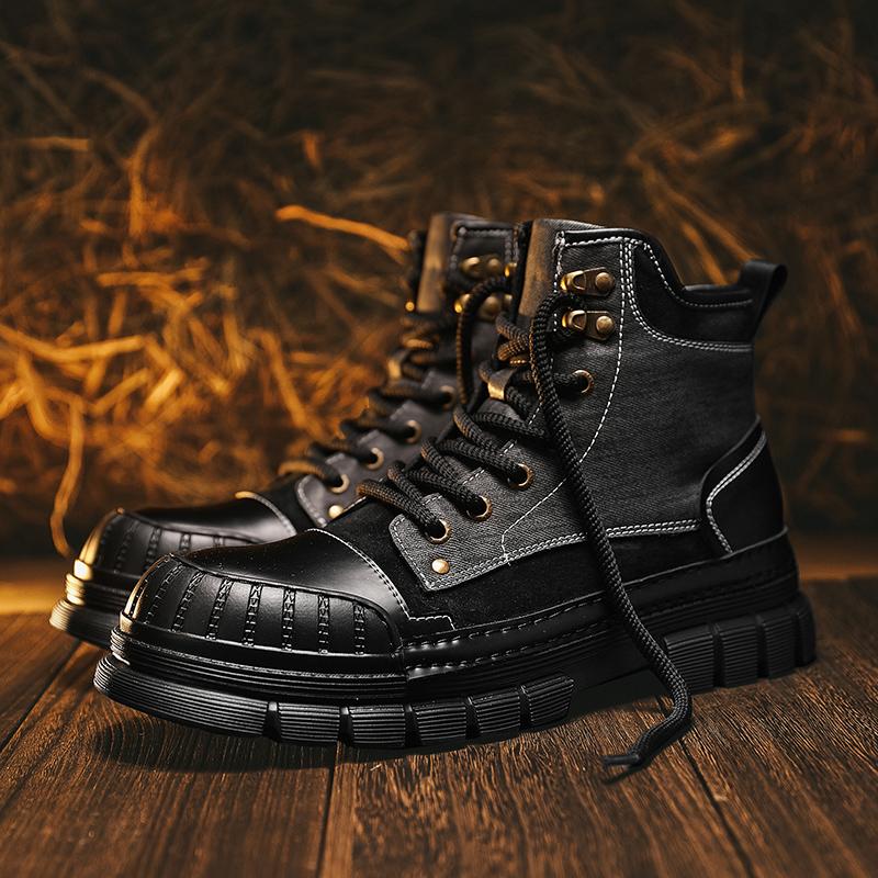 Fashion Outdoor Leather Mens Slip On Boots Platform Shoes Luxury Brand Men Winter Plush Snow Boots Fashion All-match Men Motocross Boots