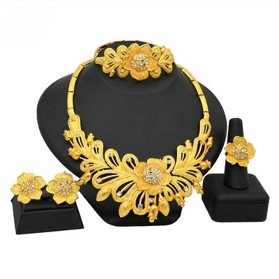 Dubai Gold Jewelry Indian Flower Bridal Jewelry Set Saudi Ladies Necklace Bracelet Earrings Ring Four-piece Set 2026