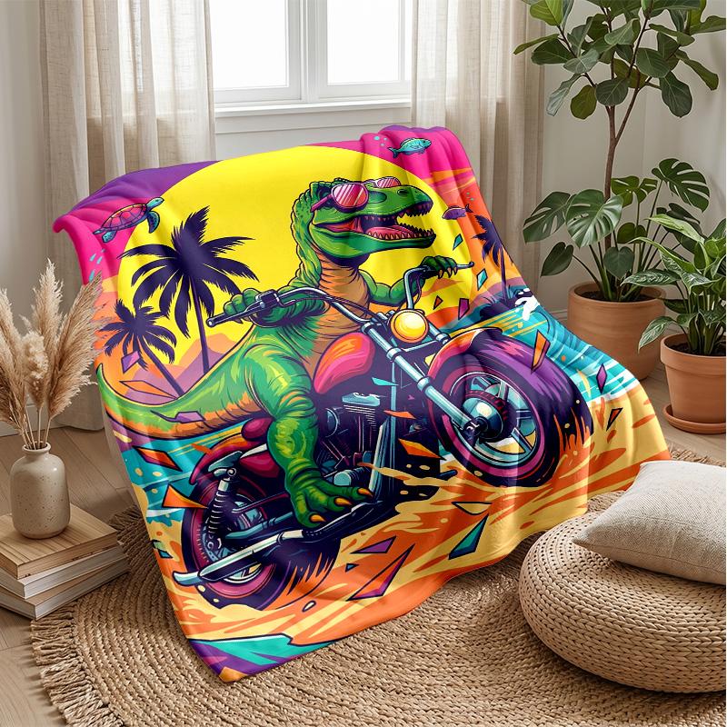 Surfing Dinosaur Wave Theme Blanket Lightweight Warm Flannel Blanket Decorative Throw Blanket for Home Decoration
