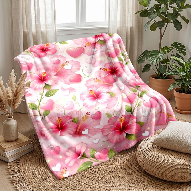 Pink Hibiscus Hearts Pattern Theme blanket Lightweight Warm Flannel Blanket Decorative Throw Blanket for Home Decoration