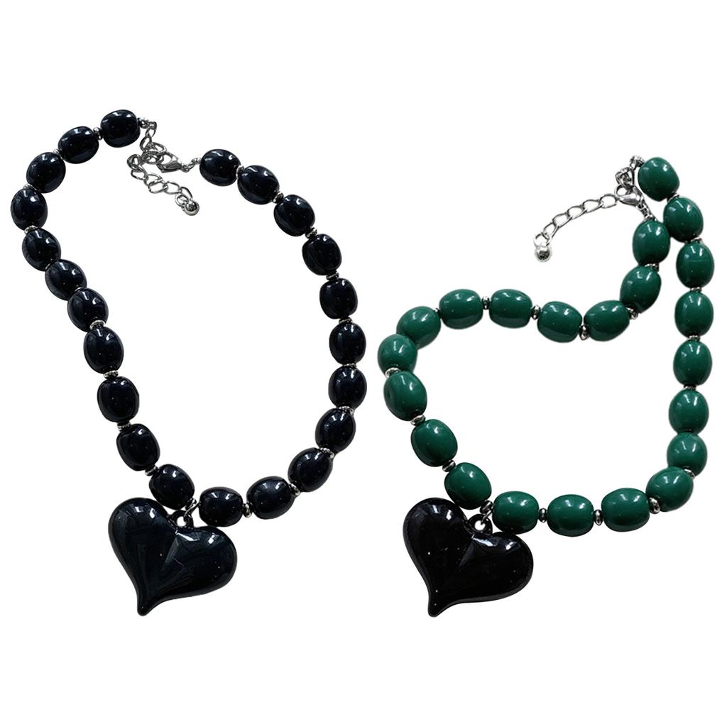Resin Beaded Necklace with Heart Pendant Adjustable Length Choker Stylish Hip Hop Neckchain for Fashionable Women