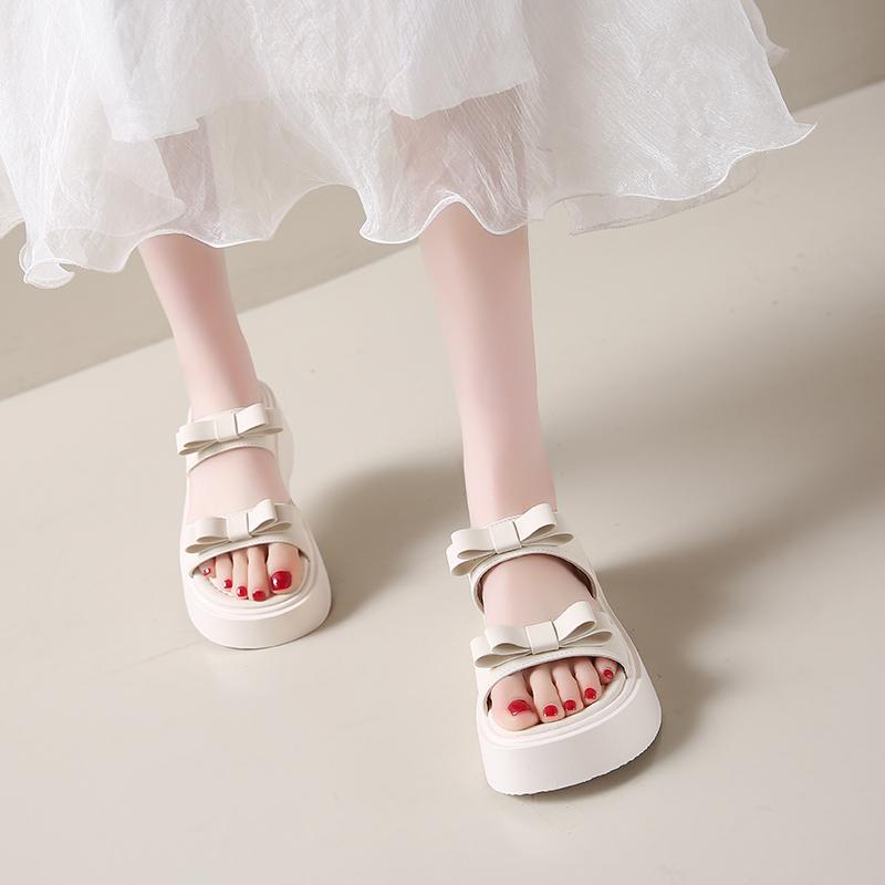Fashion Platform Slippers Women Summer New Outside Wear Fashion Round Toe Open Toe Bow One Strap Non-slip Cool Mopping