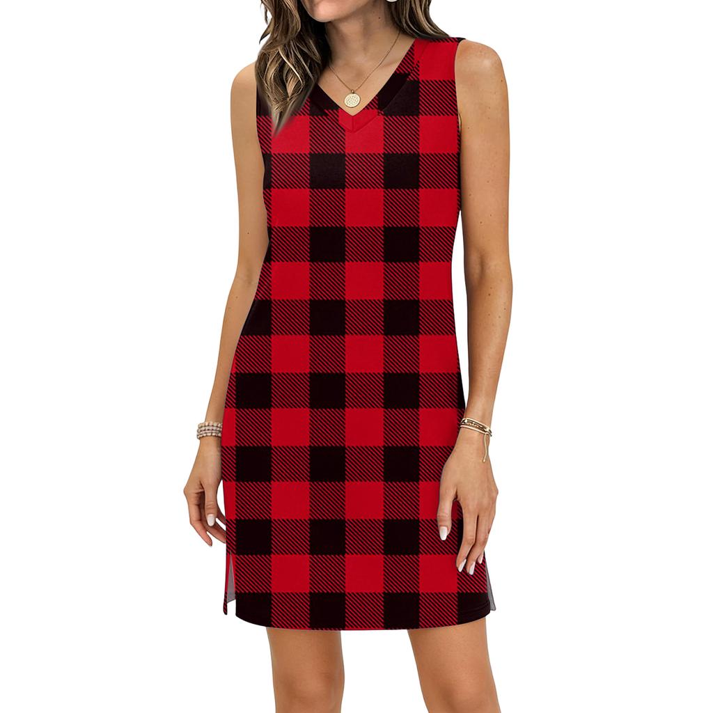 Women's Casual V-neck Sleeveless Split Hem Plaid Print Dress