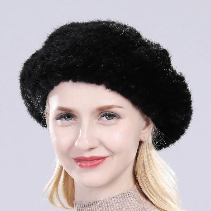 New Winter Lady Natural Mink Fur Beanies Hat Knit Warm Striped Genuine Mink Fur Caps Women Good Elastic Real Mink Fur Hat