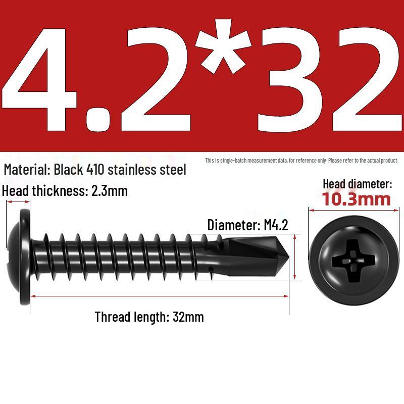Black Phillips Flat Head Self-Tapping Screws with Washer, 410 Stainless Steel, 4.2M-4.8 Size.