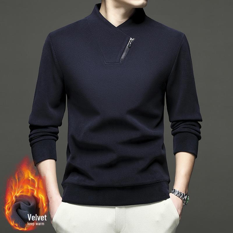 

Men s Ouli Fleece Hoodie: New Style Velvet-Thickened Half-Zip Solid Warm Winter Pullover L (170) - 115-130 lbs темно-синього кольору