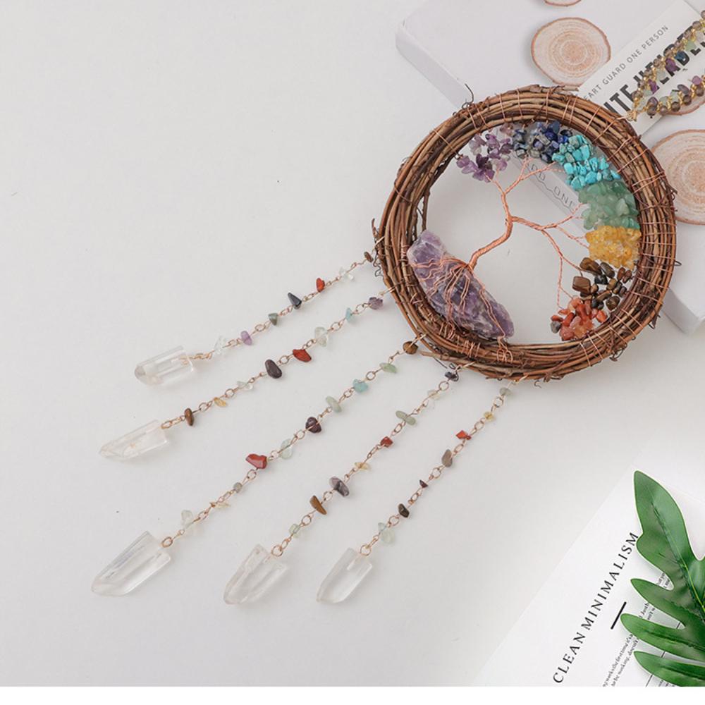 Handmade Natural Wood Vine Ring Christmas Wreath with Crystal Stone Wind Chime Children's Room Bedroom Craft Decoration Pendant