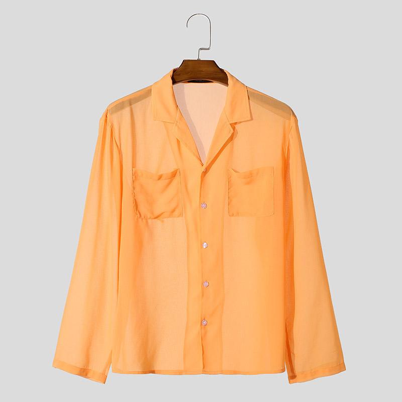 

INCERUN Мужская сетчатая прозрачная рубашка с длинным рукавом и лацканами, повседневные топы для вечеринок 5XL оранжевый