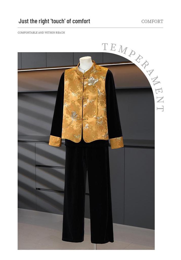 Spring Three-Piece Chinese-Style Outfit: Vest, Long-Sleeve Top, and Wide-Leg Pants for Middle-Aged and Elderly Women