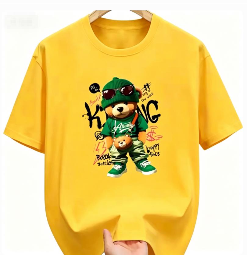 Unisexs Summer Cotton Fashionable Casual Loose Large Geometric Bear Pattern Printed Sports Round Neck Short Sleeve Tshirt Top Dry