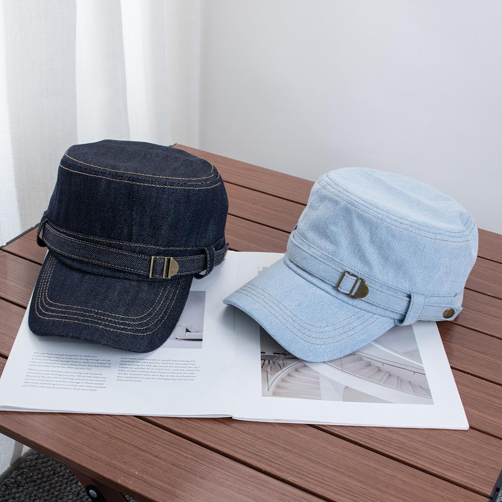 Retro washed denim flat-top equestrian hat for men and women, spring and summer fashion wear, metal buckle decorative beret