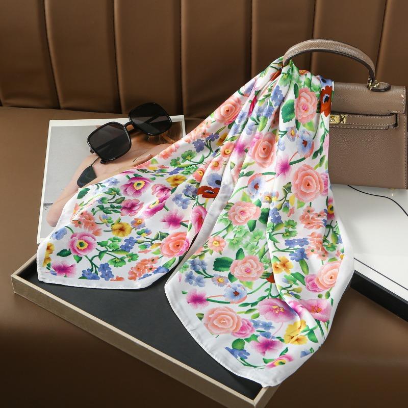 68Cm Pastoral Pink Flowers Kerchief New Spring And Summer Emulation Silk Scarf Fresh And Versatile Clothes Bags Accessory Scarf