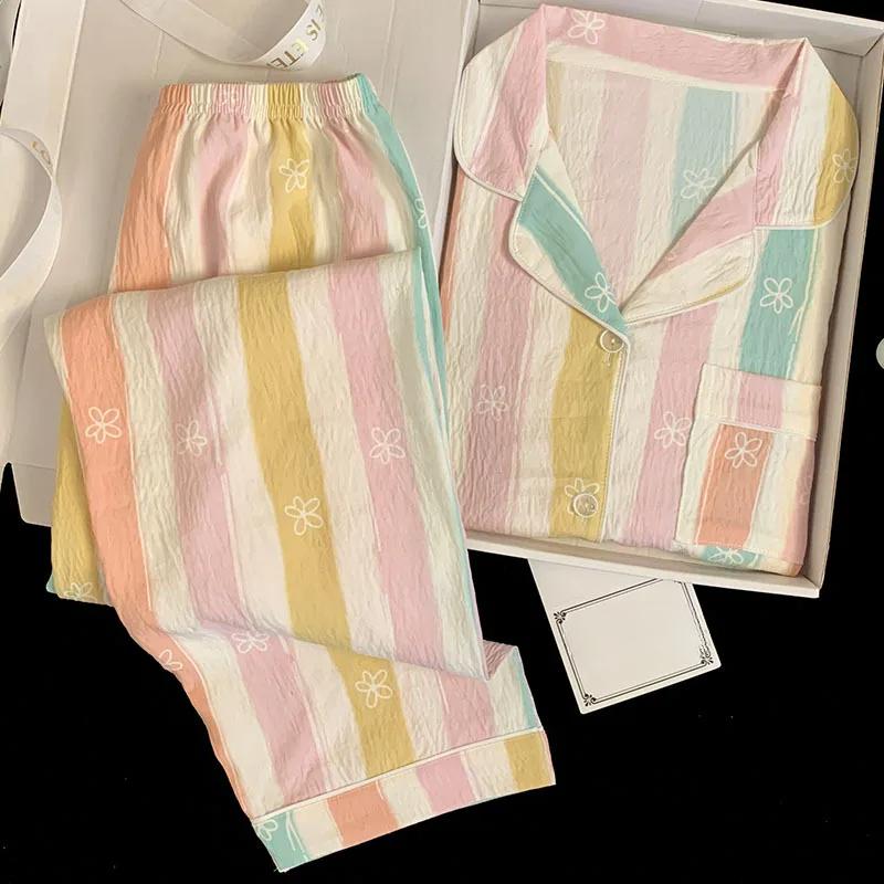 Dreiteiliger Pyjama für Damen, Homewear, lässig, Wolken, Baumwolle, gestreift, bedruckt, Sommerpyjama, Mädchen, kurzärmeliger Pyjama, Homewear