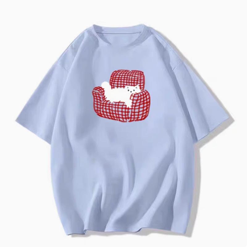 Summer short-sleeved t-shirt new popular kitten print design sense front shoulder American loose short-sleeved top t-shirt