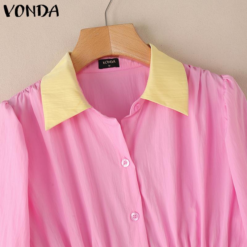 VONDA Women Elegant Lapel Neck Puff 3/4 Sleeve Button Ruffled Slim Waist Casual Blouse