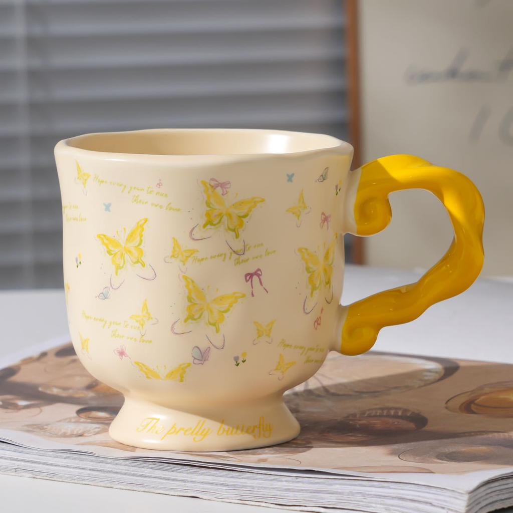 Retro Butterfly Ceramic Mug, Large-Capacity Breakfast Cup, High-Value Couple Water Cup, Home Office Female Gift