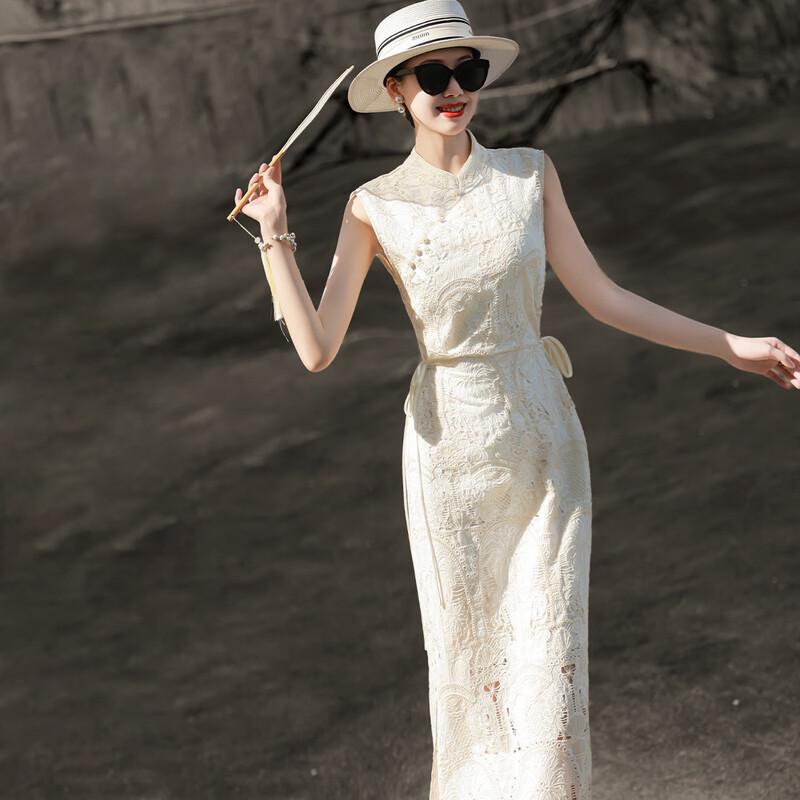 Elegante Vestito Nuovo Stile Cinese con Ricami in Pizzo e Spacco