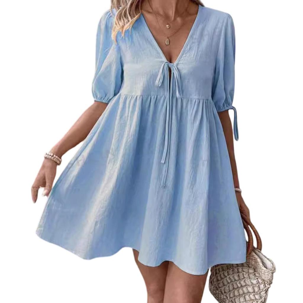 Women's Casual Fashion V-neck Short Sleeve Solid Color Dress