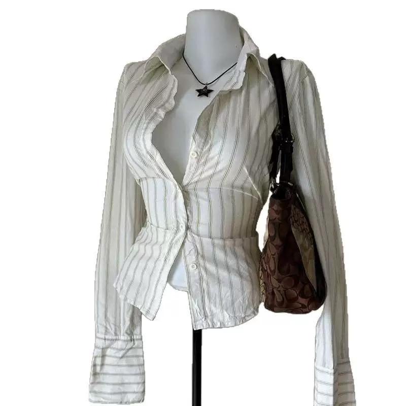 2KWEIRD Strepen Hot Girl Maagd Klassiek Roze Y2K Mode Dameskleding Casual Shirts Harajuku Lange Mouwen Vintage Chique Klassieke Tops