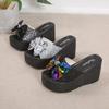 Summer new inner height increase sequin bow thick bottom wedge heel one-character slippers tide