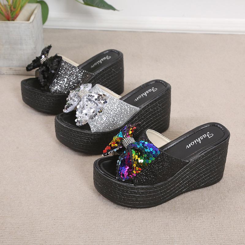 Summer new inner height increase sequin bow thick bottom wedge heel one-character slippers tide
