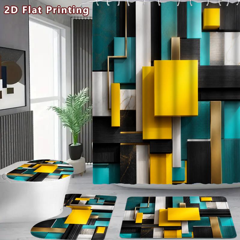 4Pcs Geometric Squares Shower Curtain Set with Non-Slip Bath Mat, Toilet Lid Cover, Contour Rug & 12 Hooks, Bathroom Decor