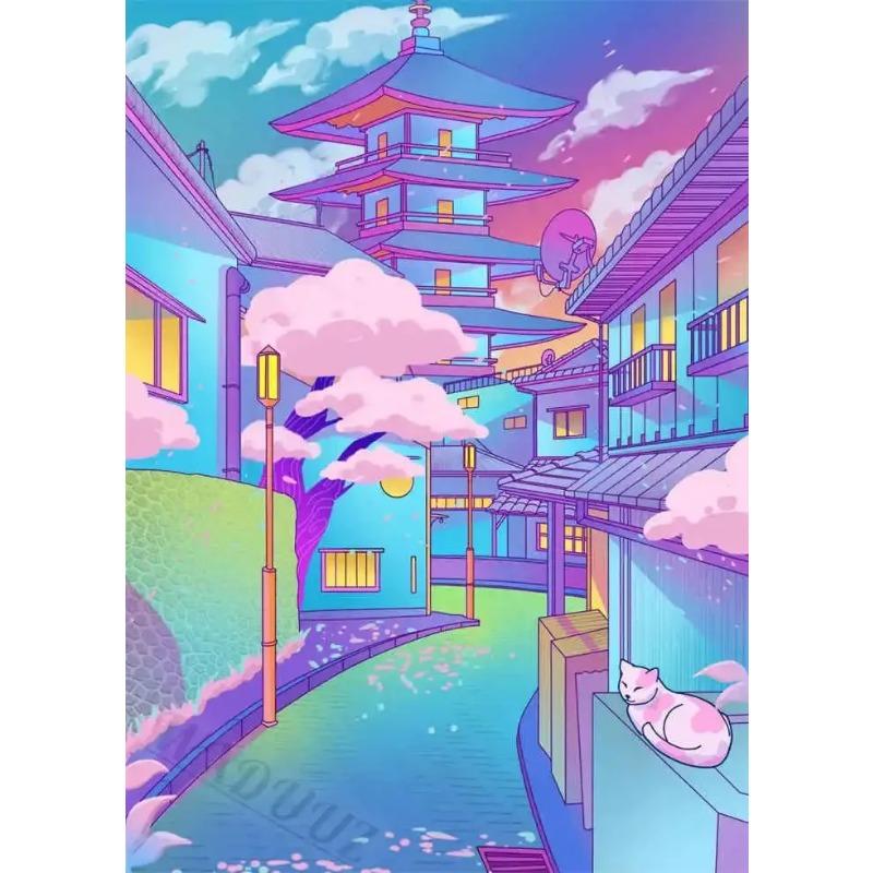 s Retro Japanese City Street Night Landscape Game Poster  Canvas Painting Print Art for Room Wall Decor Aesthetic Picture