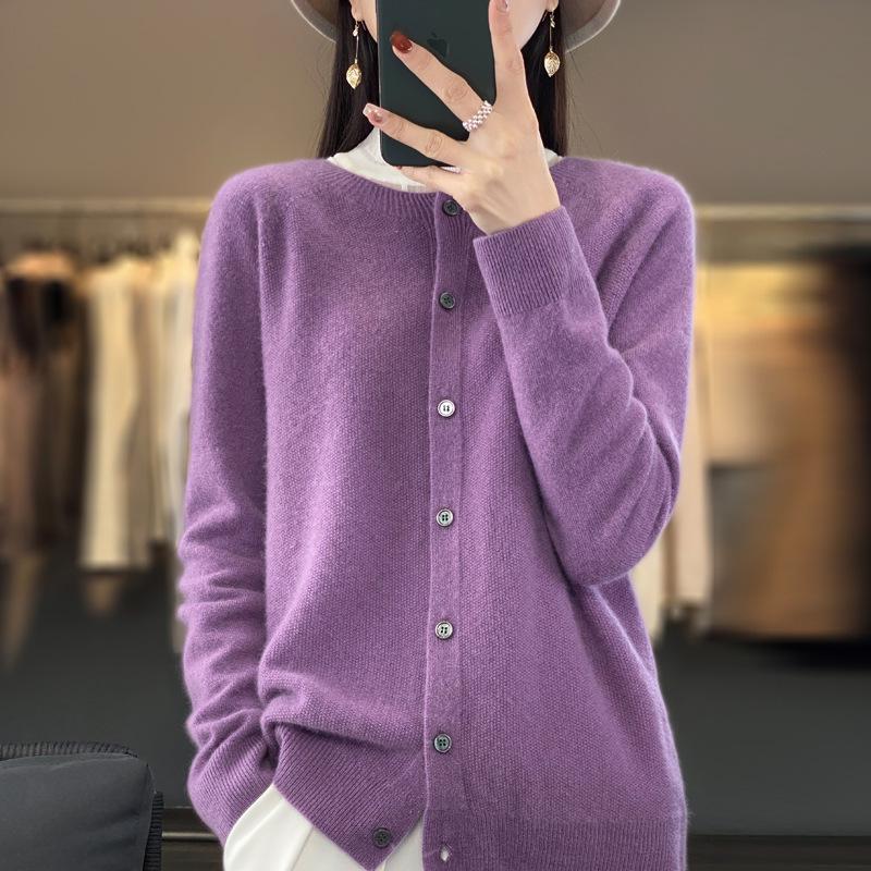 Women's Loose Cashmere Wool Cardigan – Autumn/Winter Osmanthus Stitch Knit Top