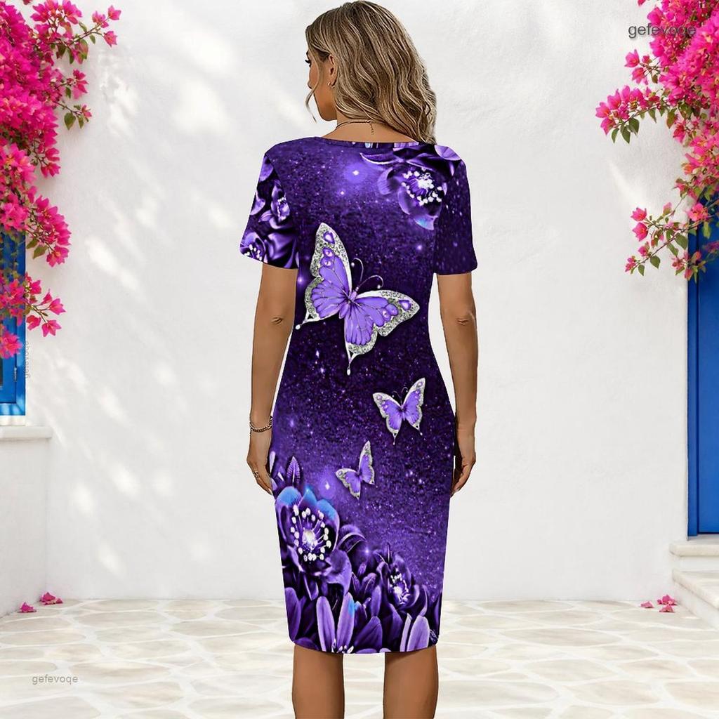 Women Plus Size Short Sleeve Round Neck Black Skull Rose Printed Fitted Dress