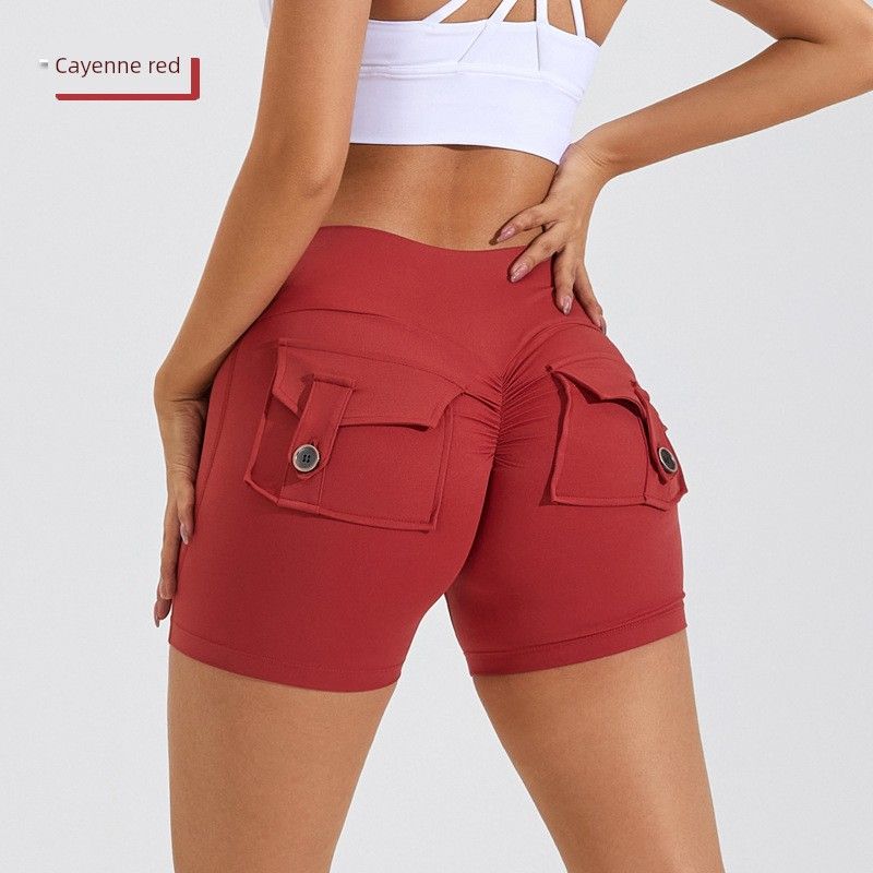 

European and American Cargo Pocket Buttock Lifting Fitness Shorts Women Tight Leg Ring Sweat pants Peach Hip Yoga Pants 3 Points Anti-exposure Cayenne red M
