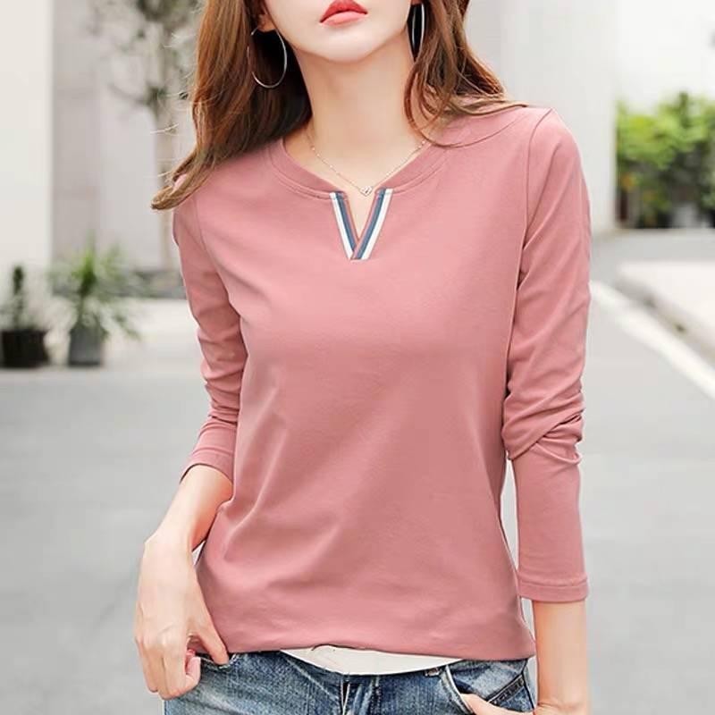Damen Frühling und Herbst Bottoming Shirt Einfarbig Langarm V-Ausschnitt Pullover Tops