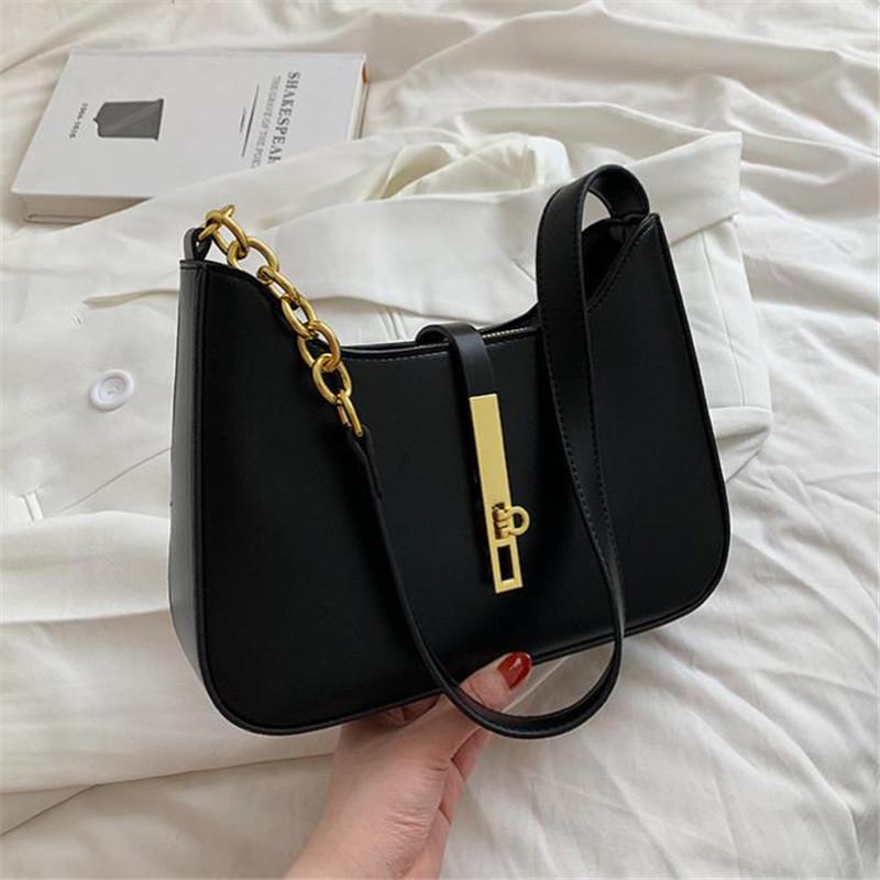 Elegant Solid Color Handbag Shoulder Bag with Golden Tone Clasp Design Versatile for Casual Commuter Wear All Match Armpit Bag
