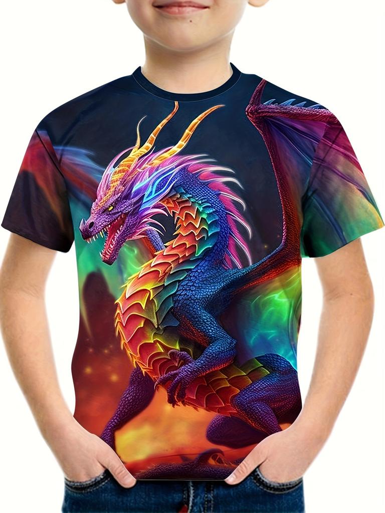 Colorful Dinosaur Graphic T-shirt for Boys - 3D Digital Print, Active and Stretchy Short Sleeve Tee for Summer Outdoor Fun