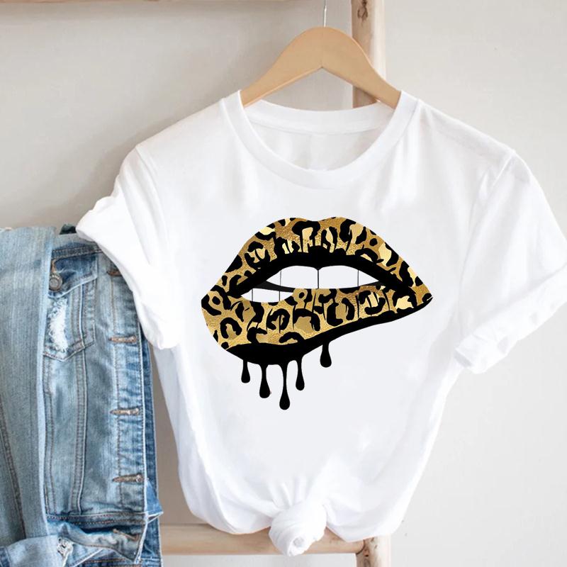 Women Tee Top Summer Fashion Print T-shirt O-neck Leopard Trend Lip Lady Female Clothing Casual Short Sleeve Graphic T-shirt