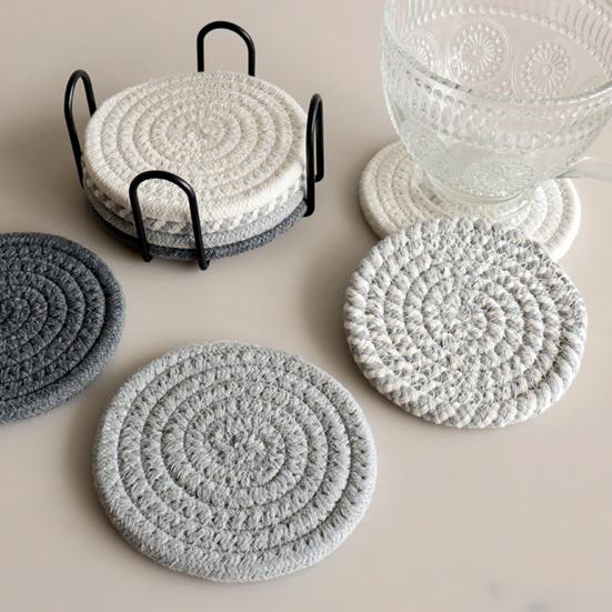 Cotton Rope Coaster Mug Mat with Stand Heat-Resistant Non-Slip Table Protector Reusable