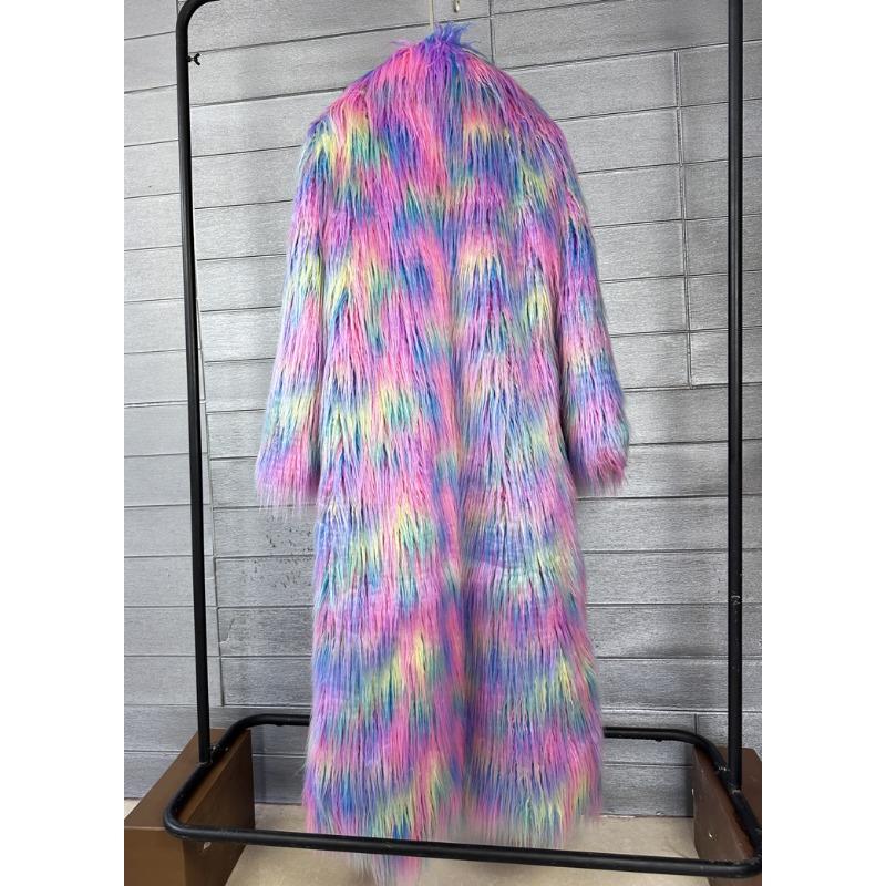 Giacca in finta lana jacquard colorata con pelliccia soffice da spiaggia, cappotto invernale da donna con colletto a revers esteso in finta pelliccia