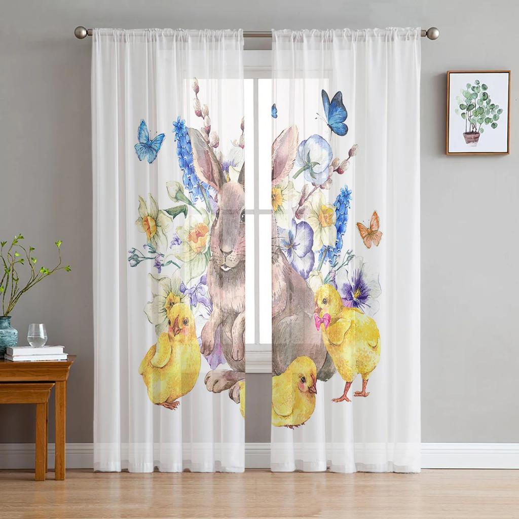 Easter Truck Bunny Butterfly Cherry Blossom Curtains Living Room Voile Curtain Bedroom Tulle Window Drapes Sheer Made Of Polyester Sitting Decor