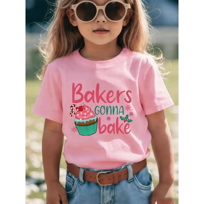 European Sizes Creative Baking T-Shirt for Girls - Features a Playful Pink Design with Handwritten Letters, Perfect for Holiday Gatherings
