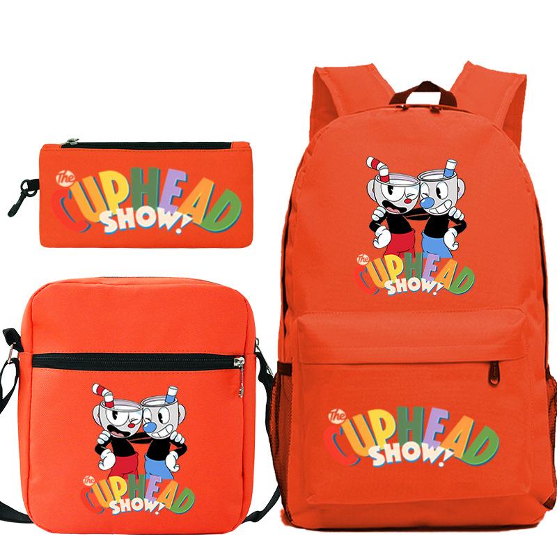 Cartoon Teacup Head Cuphead Student School Bag Backpack Three-piece Set Children's Shoulder Bag Pencil Bag