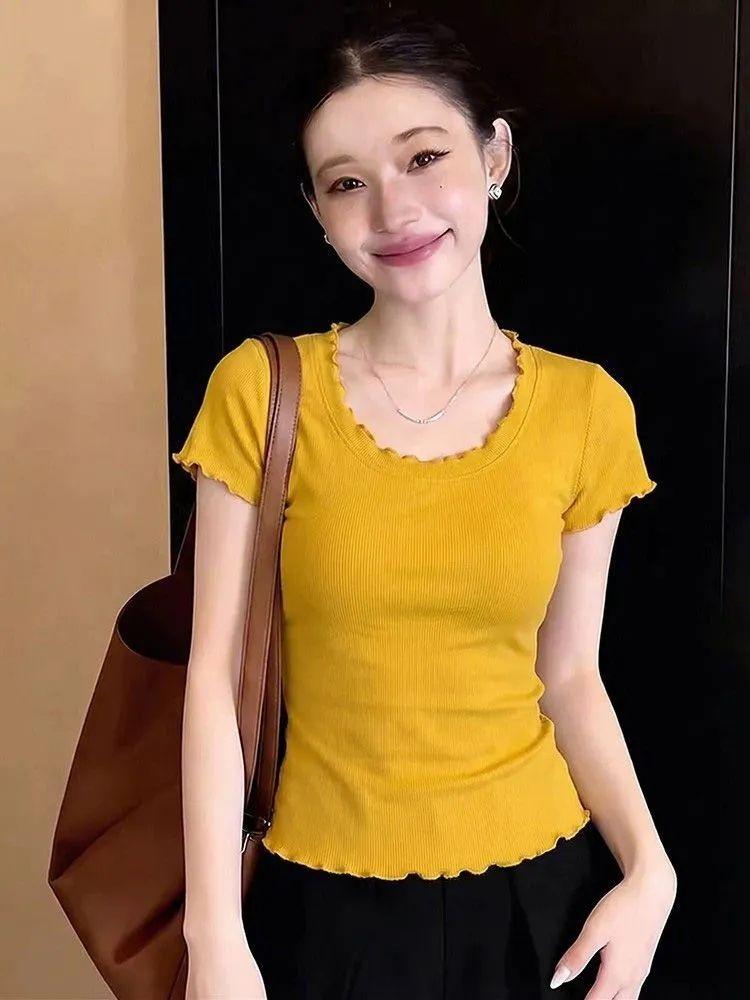 Huge Good-looking and Beautiful Wooden Ear Edge U-neck Short-sleeved T-shirt Summer Pure Desire Large Neckline Exposed Collarbone Slim-fit Top