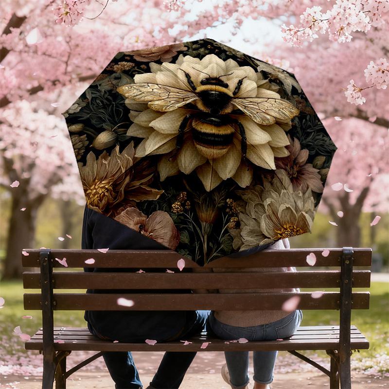 1pc Bee Flowers Automatic Folding Umbrella, Heavy Duty 8 Rib Iron Frame,  Suitable for Travel, Daily Use, Birthday, Decor Gift M0104064