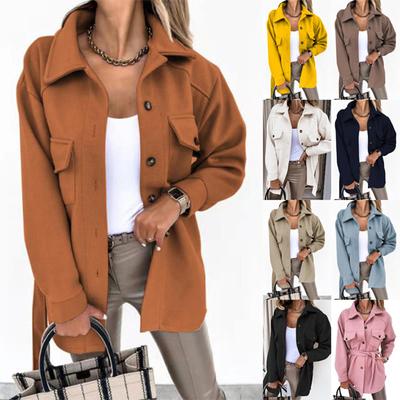Herbst/Winter Damen Langarm Temperament Einfarbig Polo Knopf Schnürung Wollmantel