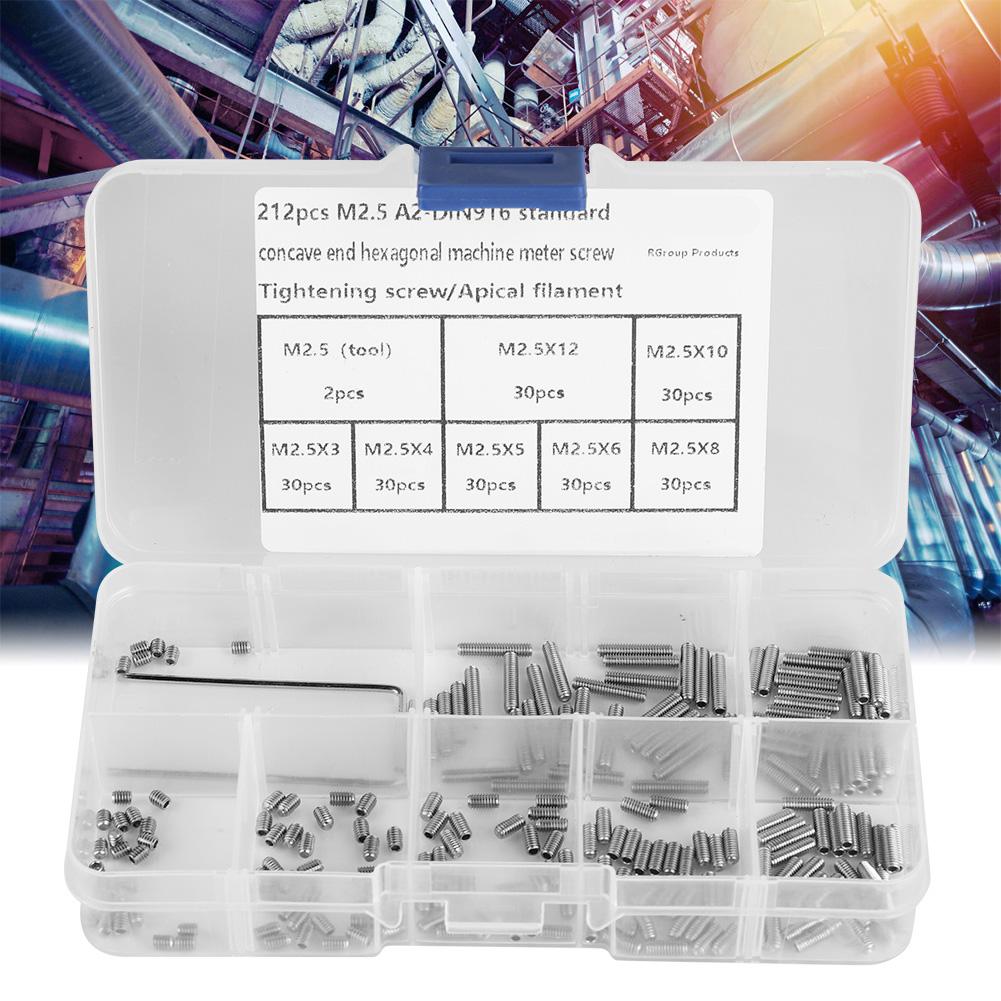 212Pcs Set Screws Stainless Steel M2.5 A2 DIN916 Inner Hex Concave End Tighten Fasteners