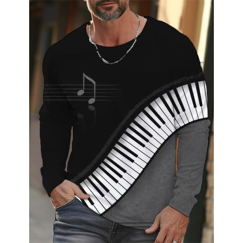 

Мужская футболка с длинным рукавом с 3D-принтом нот пианино, мужские осенние топы, повседневная футболка с круглым вырезом, домашняя одежда 2XL
