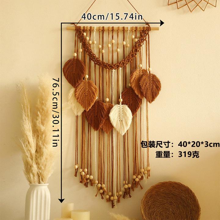 Handmade Cotton Thread Woven Wood Beads Leaf Tapestry Simple Home Bedroom B&B Wall Decoration