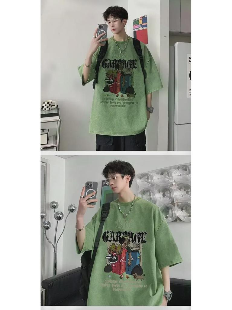 European & American High Street Retro Washed Hip-Hop T-Shirt - Men’s Summer West Coast Cotton Heavyweight Short Sleeve