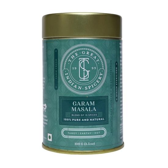 

The Great Indian Spicery | Гарам Масала - Жестяная банка 100 г - Стерилизация паром, С фермы, Аутентичная смесь 15 специй, Без примесей | Терпкий, Землистый